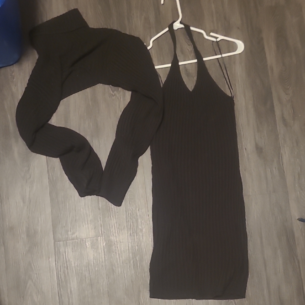 Divided Black Ribbed Dress with Matching Shrug